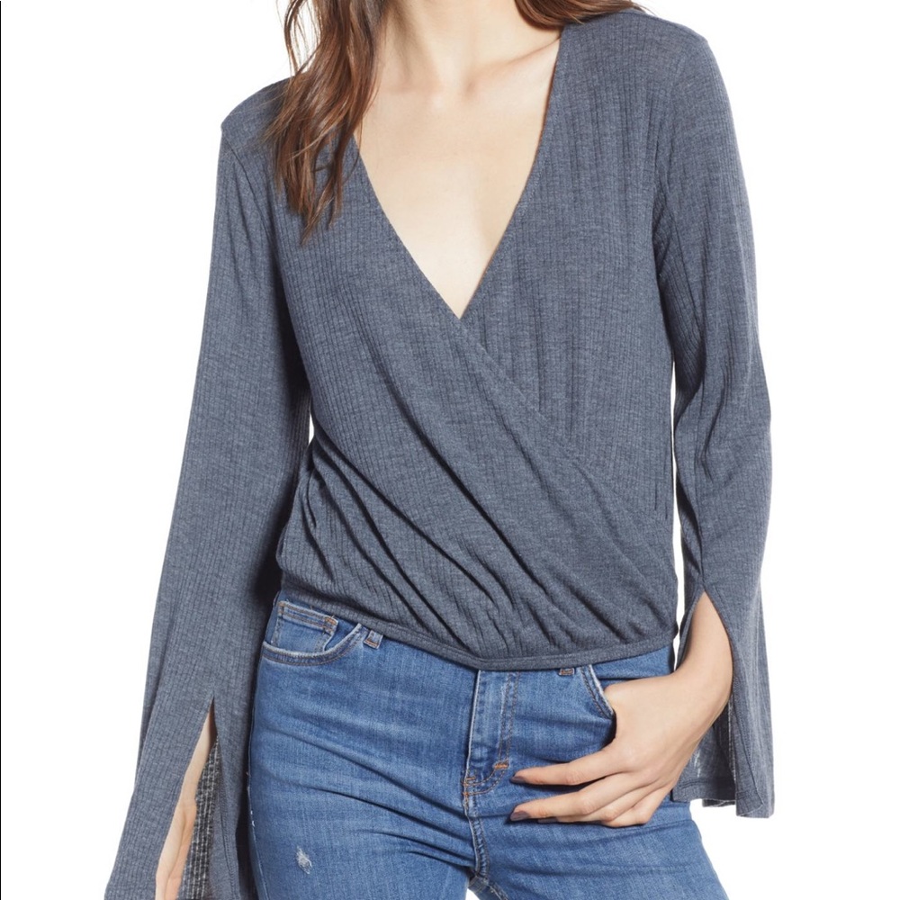 BP Ribbed Faux Wrap Top